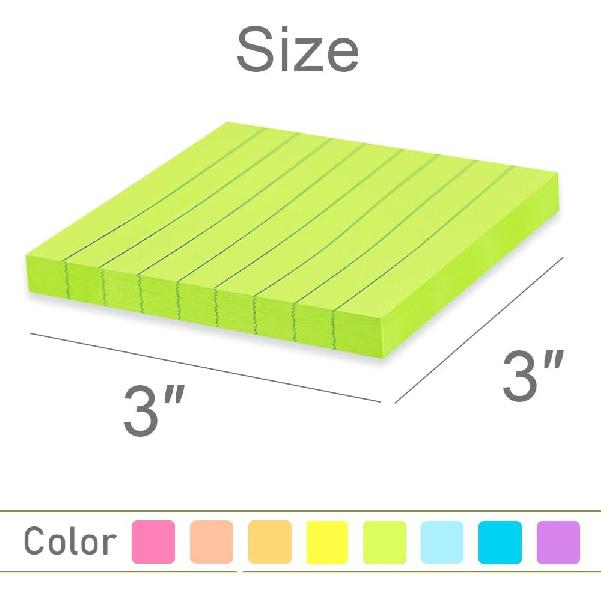Lined Sticky Notes 3x3 in Bright Ruled Stickies Colorful Super Sticking Power Memo Pads, 82 Sheets/pad, 8 Pads/Pack