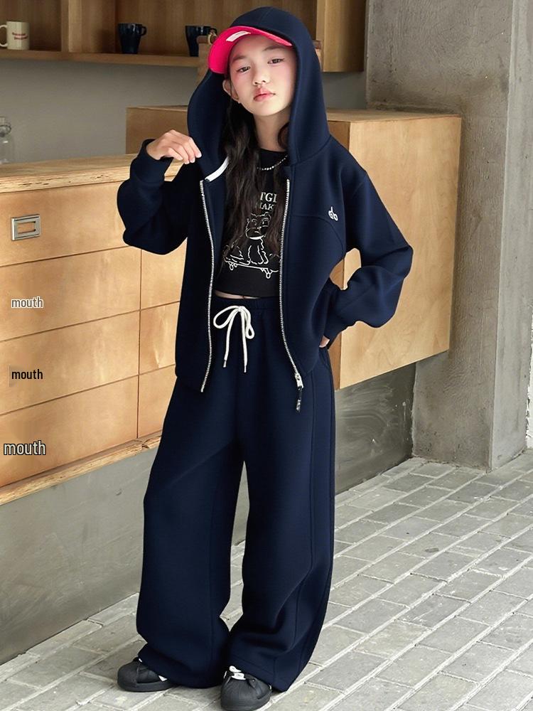 Girls' Fashionable Hooded Jacket & Straight-Leg Pants Set - Autumn 2025 Collection for Big Kids