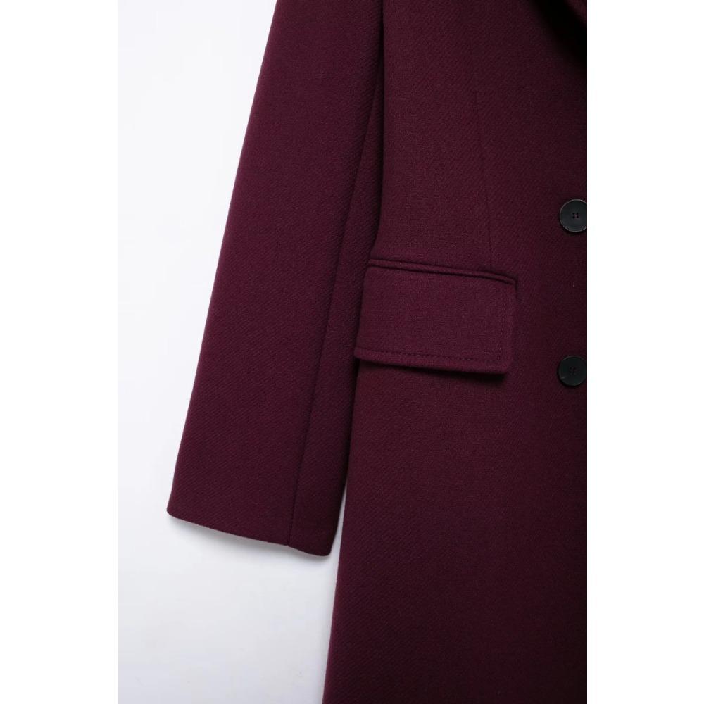 Women Fashion Burgundy Woolen Coat Double Breasted Long Sleeve Lapel Blends Jacket Autumn Winter High Street Outerwear