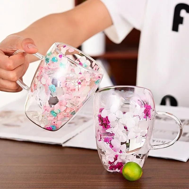 350ml Double Wall Glass Cup with Handle Dried Flower Decorated Coffee Milk Mug Heat Resistant Kitchen Supplies for Friend Gifts