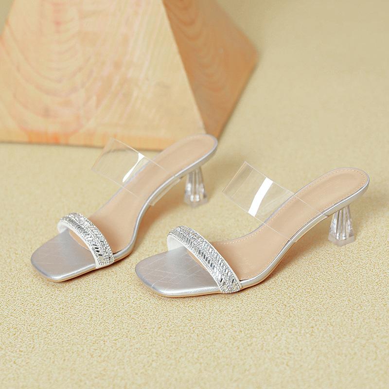 High-heeled Rhinestone Slippers Women's Summer Outer Wear Fashion 2025 New Fairy Wind Transparent Crystal Thin-heeled Cool Slippers