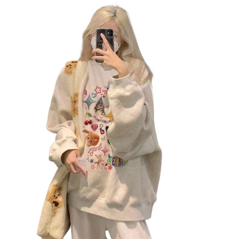 Ladies Cartoon Pattern Grey Hoodies College Style Loose Round Neck Female Hoodie Autumn Casual Women's Long Sleeved Tops