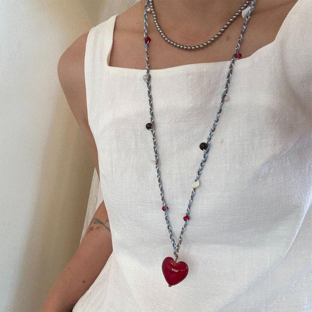 Stylish Versatile Sweater Chain Heart Shaped Pendant Necklace Featuring Adjustable Cord Red Resin Women Fashion
