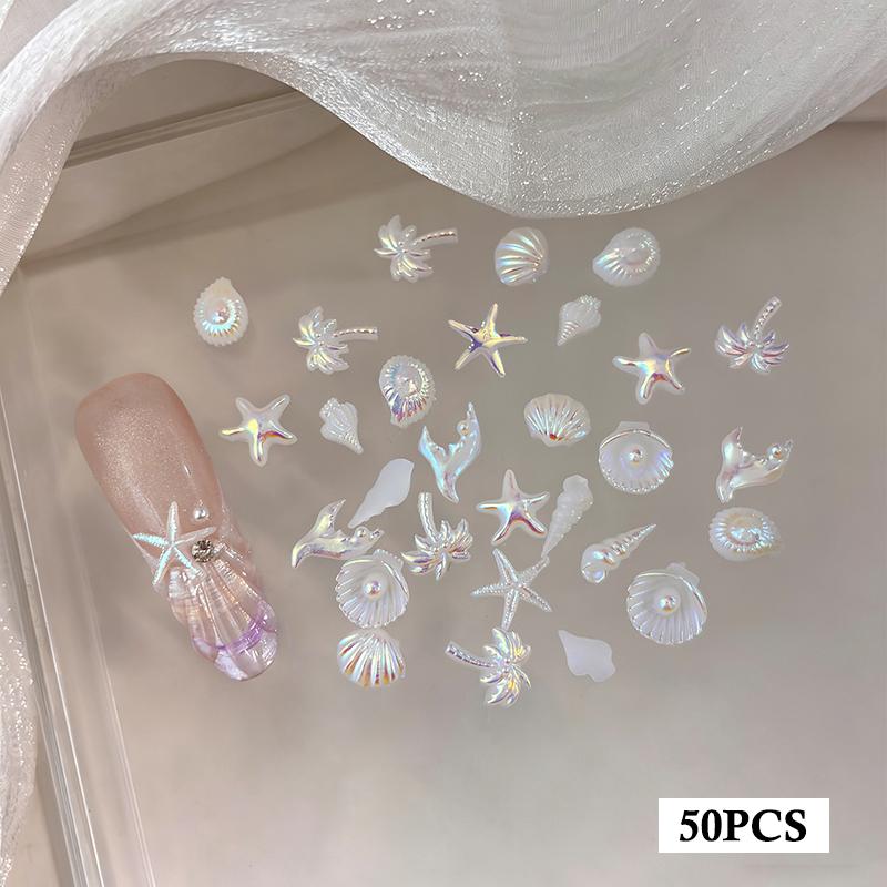 50Pcs Ocean Nail Art Charms Aurora Shell Starfish Mermaid Tail Nail Art Decors Gem Beach  Ice Clear Nail Decorations