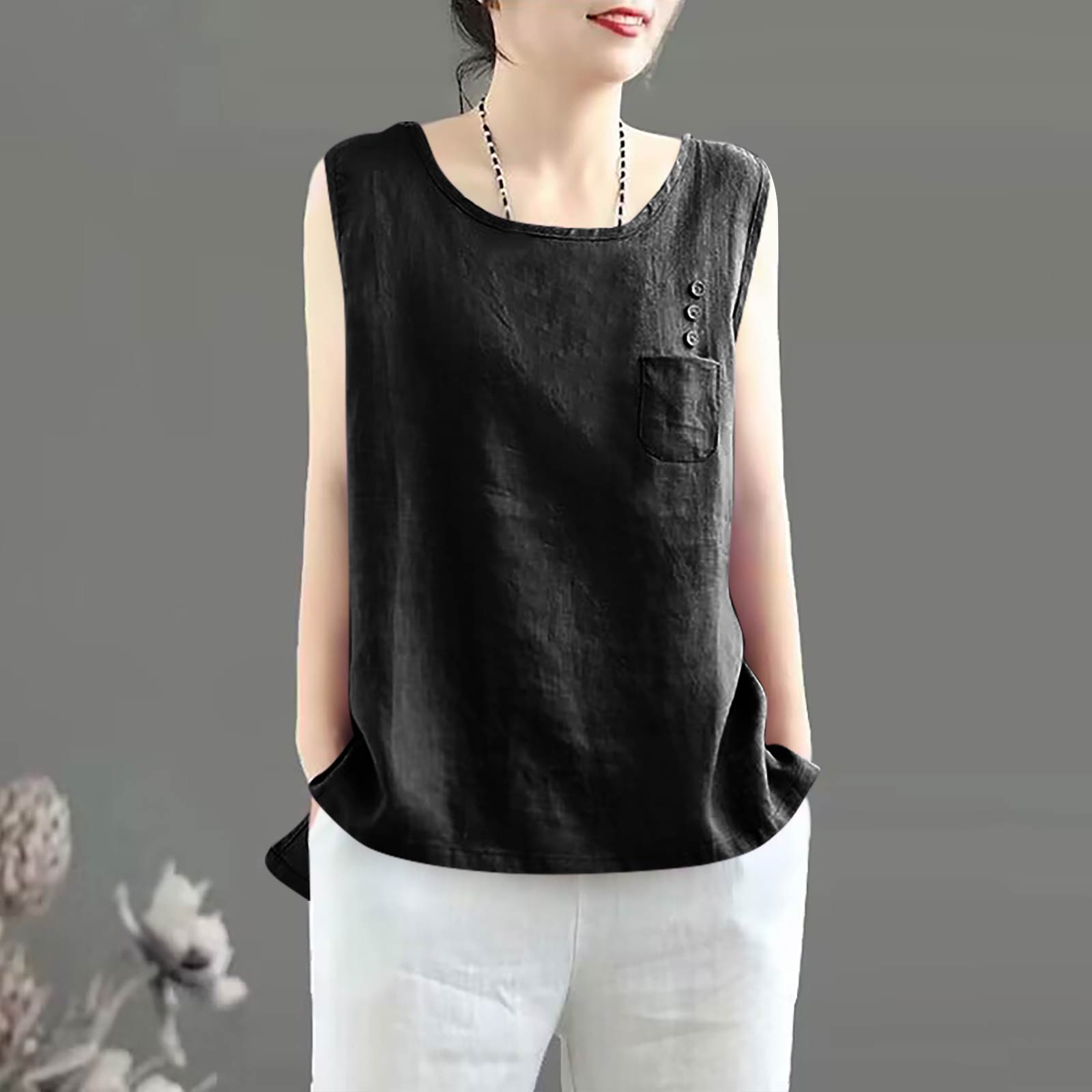 Women s Vintage Loose Fit Cotton Linen Blend Tank Top L