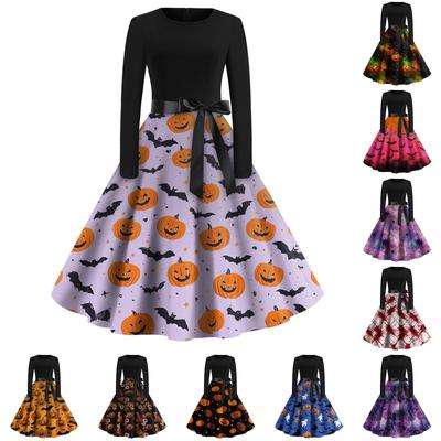 Dámské ležérní módní šaty s potiskem Halloweenu, kulatým výstřihem a vintage stylem