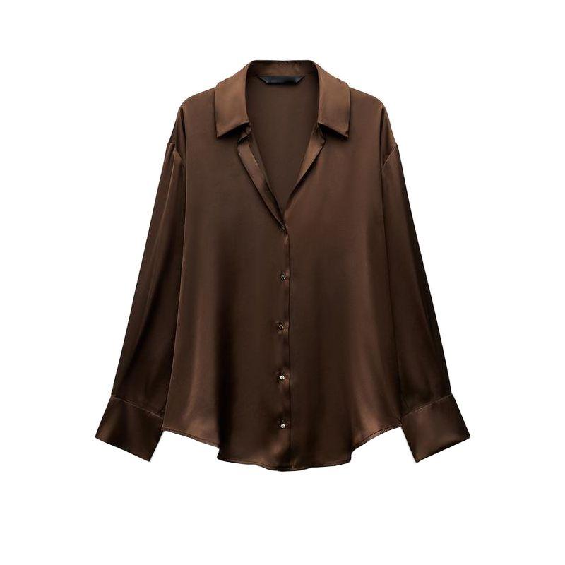 Spring New Women's Clothing Fashion Style Lapel Long Sleeves Single-Breasted Silk Satin Textured Shirt Tops 2074580