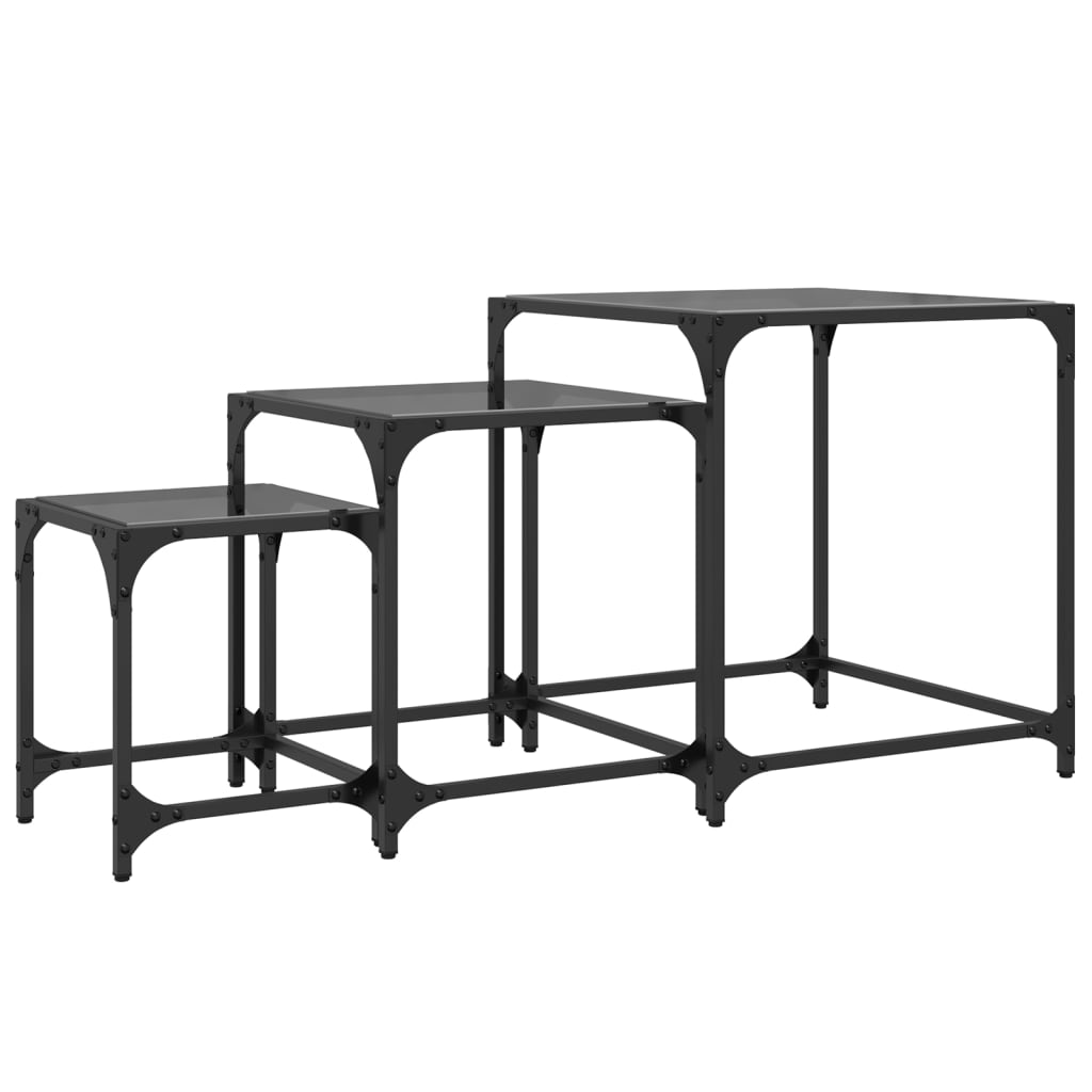  Coffee Tables That Slide Under Each Other, 3 Pieces, Black Glass Top