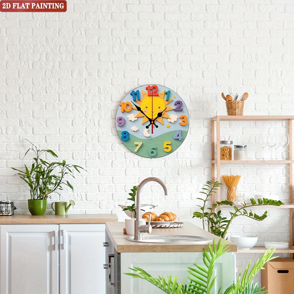 Cartoon Sun Learning Clock. Silent educational wooden clock for home, classroom or outdoor.