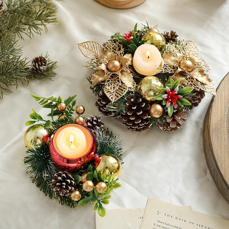 New Christmas candle holder, imitation wreath, lamp holder ornament, vintage wooden glass candle holder, dried flower aromatic candle holder