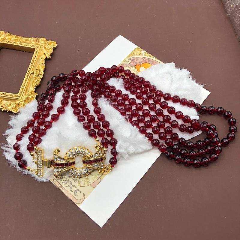 Retro Pomegranate Red Glass Bead Layered Sweater Chain & Rhinestone Necklace Bracelet Set