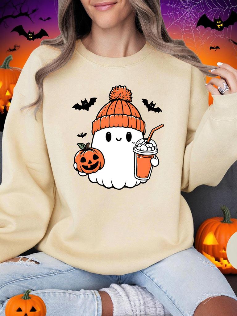 Cute Ghost Bat Pumpkin Prints Halloween Sweatshirt Women Winter Fleece Warm Hoodie Crewneck Loose Pullover Casual Soft Clothes