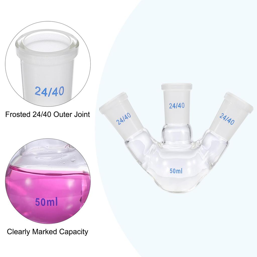 PATIKIL 50ml Boiling Flask, 3.3° Borosilicate Glass, 3-Neck, Round-Bottom, Thick-Walled, 24/40 Standard, Tapered Outer Joint, for Laboratory Use, Tran