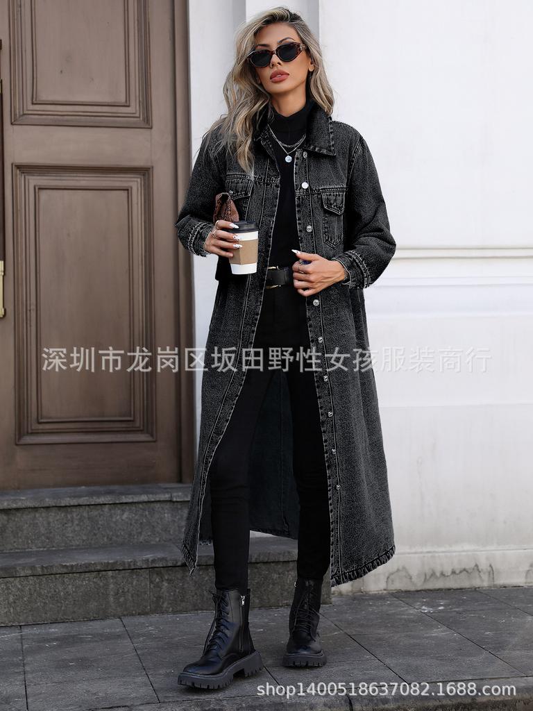Women Lapel Long Denim Trench Coat Loose Long Sleeve Ruffle Hem Washed Jean Maxi Jacket Street Outerwear
