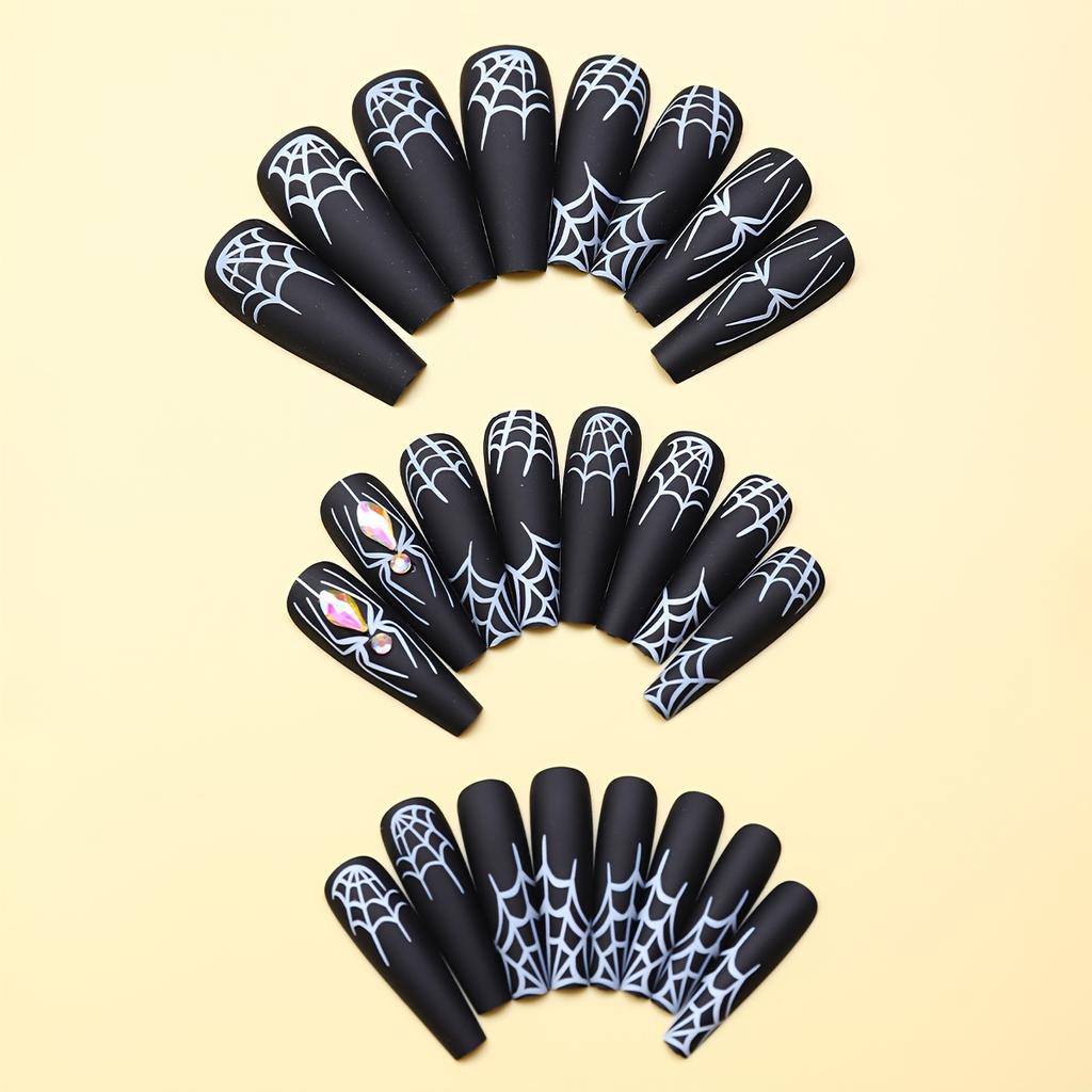 24pcs/set Long Ballet Shape Acrylic False Nails with 1 Jelly Gel and 1 Nail File, Spider and White Spider Pattern, 3D Rhinestone Press-on Nails