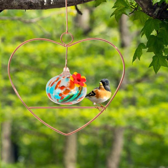 Heart-Shaped Hummingbird Feeder Hanging Water Feeder with Perch Colorful Glass Bottle Wire Frame Hummingbird Feeder for Porch Yard Garden Outdoor