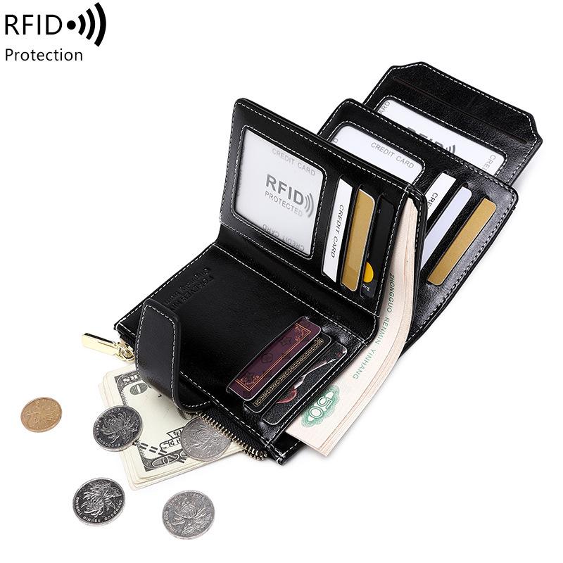 Neue Damen Geldbörse Reißverschluss Schnalle Kartenetui Ölwachsleder Wechselgeldfach Mode Kurze Geldbörse