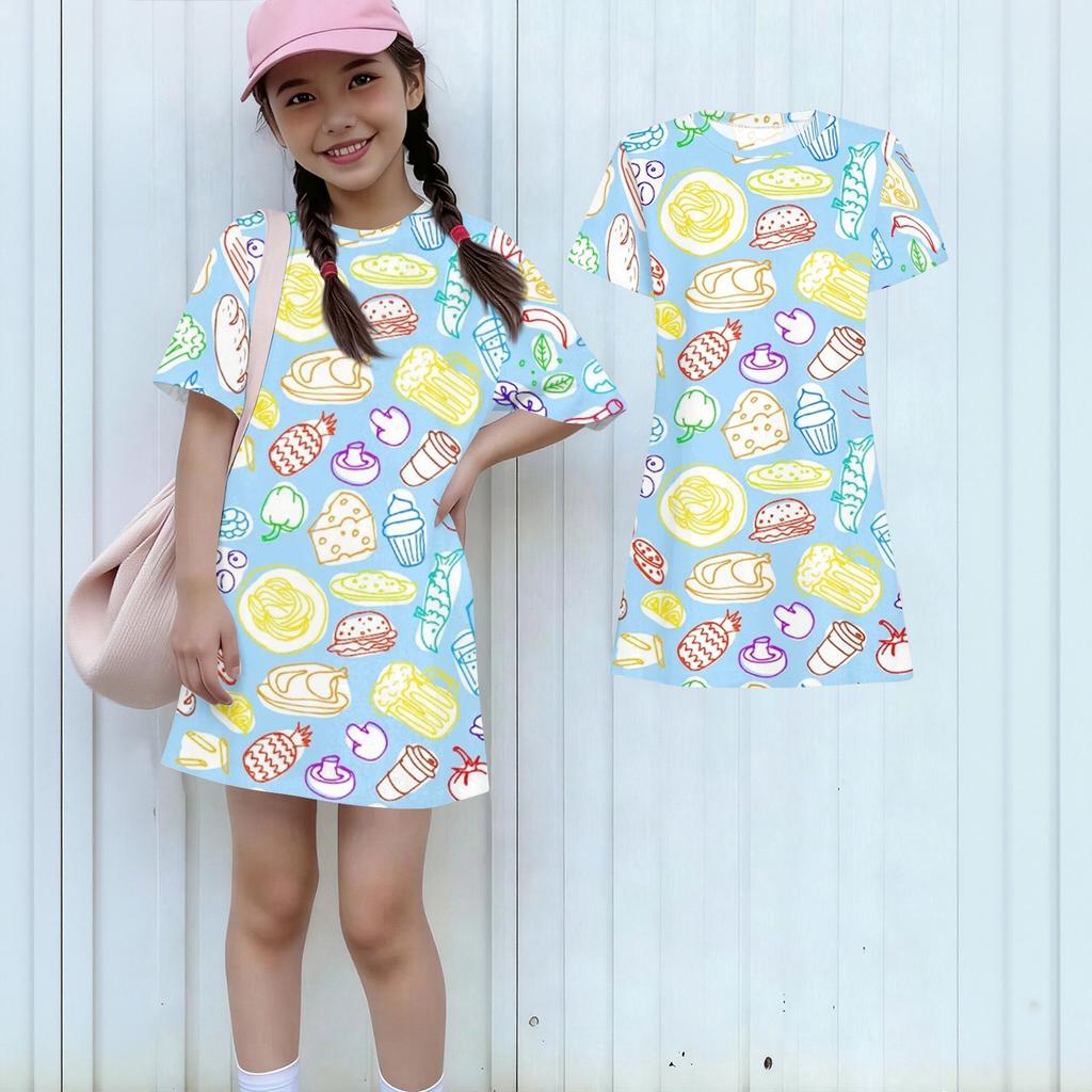 Girls Print Casual Dress Kids Loose Round Neck Short Sleeve Thin Sundress