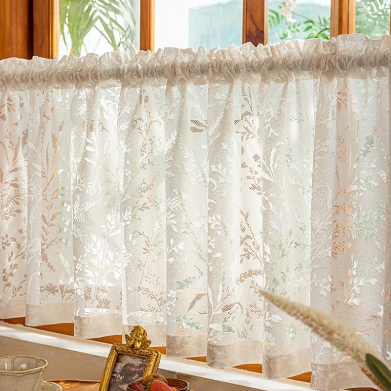 Sweet Style White Lace Window Edge Short Curtain, Pole Bag Style, Transparent Short Curtain French Style Cotton Light-transmitting Fabric Rodless