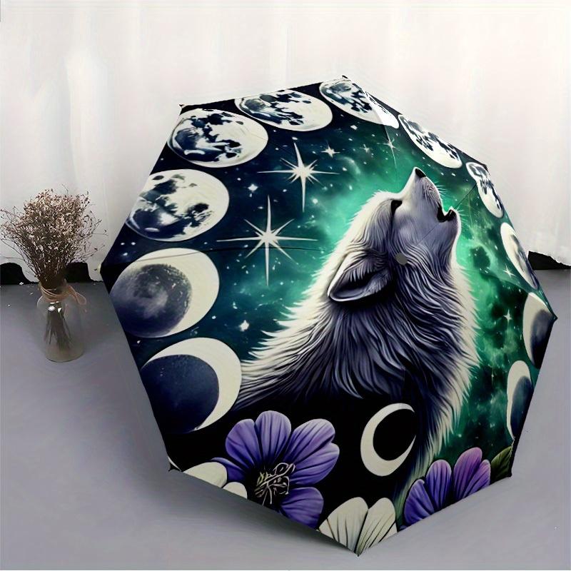 1pc Moon Wolf Compact Travel Umbrella, Automatic Folding Lightweight Windproof 8-Bone Reinforced Design,012130