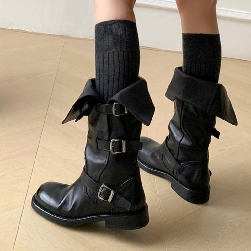 Flats Women's High Boots Designer Knee High Leather Shoes  Winter Fashion Chelsea Boots Trend Buckle New Gothic Mujer Botas