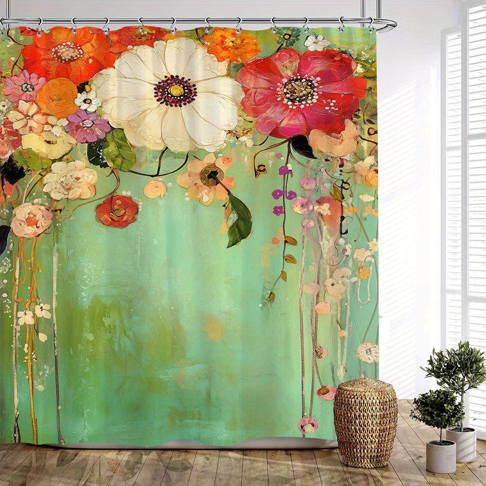 1Pc Vibrant Abstract Watercolor Floral Shower Curtain - Red Pink Orange Flowers On Turquoise Green, 70.86X70.86 Inch Polyester