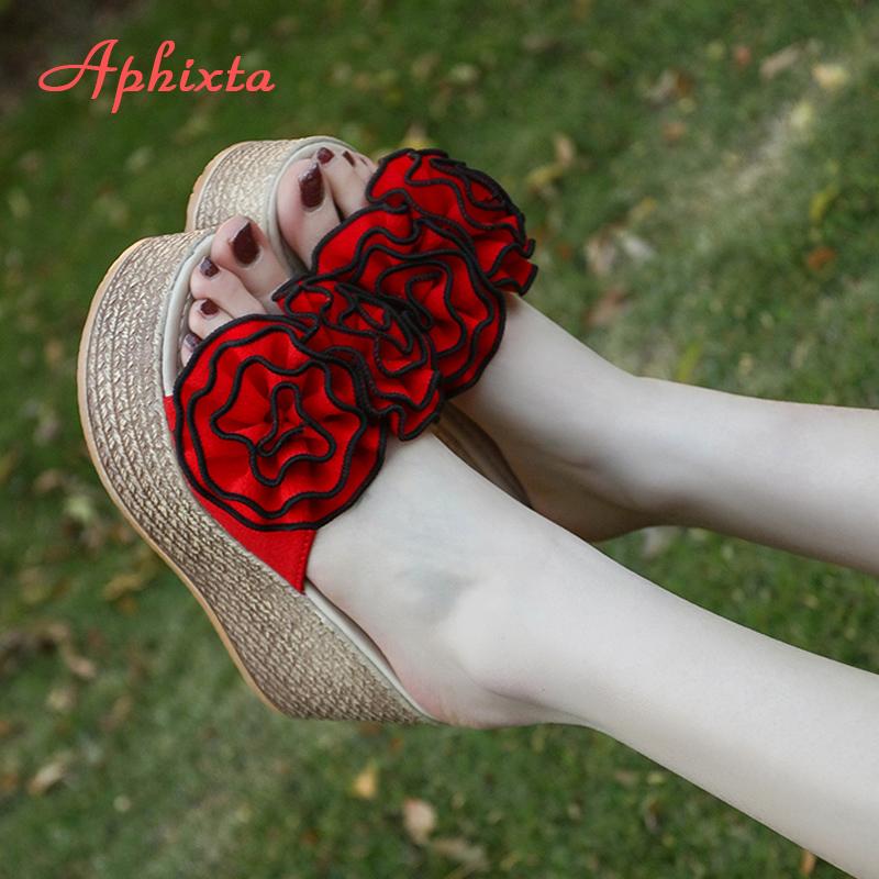 Fashion Aphixta 9cm Platform Wedge Slippers Women Shoes Clog Riband Rose Flowers Sandals Girls Flip Flop Slides Pantoufle Femme