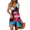 Women's Summer Dress V Neck Sleeveless Casual Hawaiian Print Hem Pleated Dress