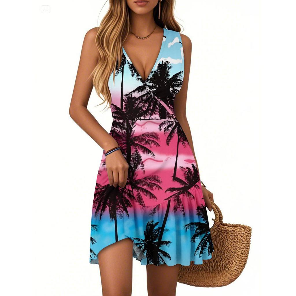 Women's Summer Dress V Neck Sleeveless Casual Hawaiian Print Hem Pleated Dress