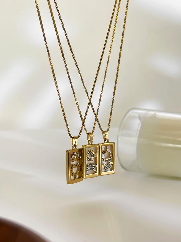 GHIDBK Fashion Sparkling Rhinestone Natural Mother of Pearl Square Tarot Card Pendant Necklace for Women Stainless Steel Zircon