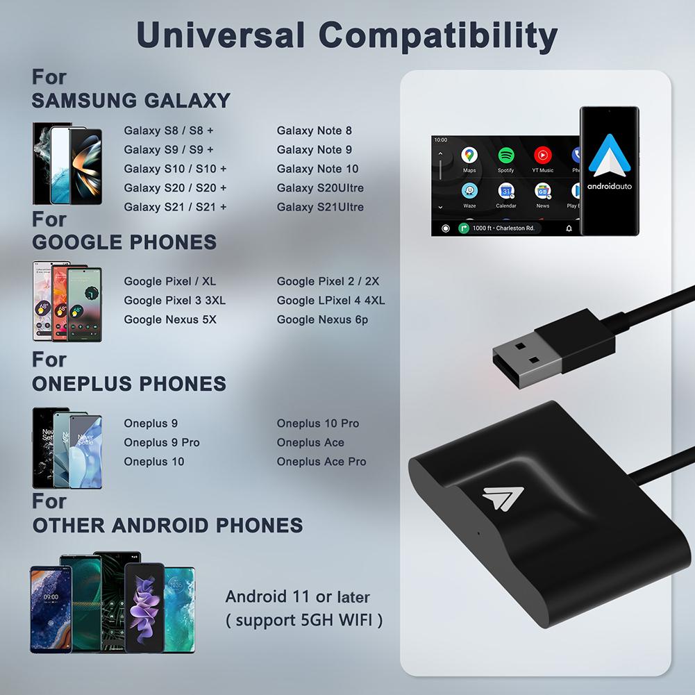 New Android Auto Wireless Adapter Plug And Play Wired To Wireless Adapter For Android Auto 2.4G&5G WiFi Auto Pairing OTA Upgrade