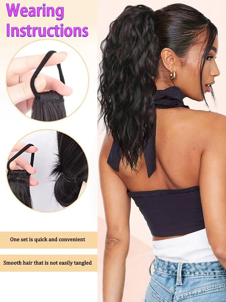 Women Fluffy Wavy Ponytail Extension Synthetic Curly Hairpiece With Elastic Band Natural Looking Hair Wig