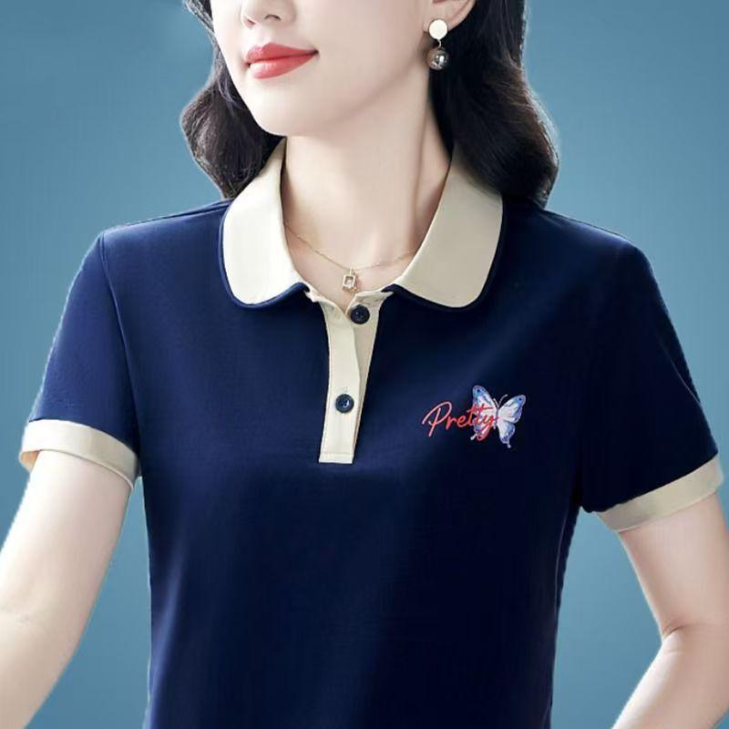 

Женская летняя футболка с коротким рукавом: Борьба со старением, похудение, шикарный принт, универсальный дизайн для женщин среднего возраста L [100-115 kg] темно-синий