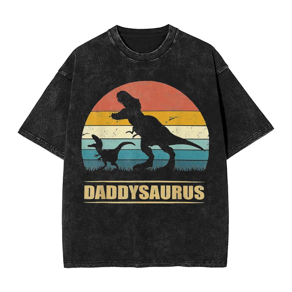 Papasaurus Washed TShirt Mens Vintage Casual TShirts Summer Crew Neck Novelty Tee Shirt Simple Oversized Clothing