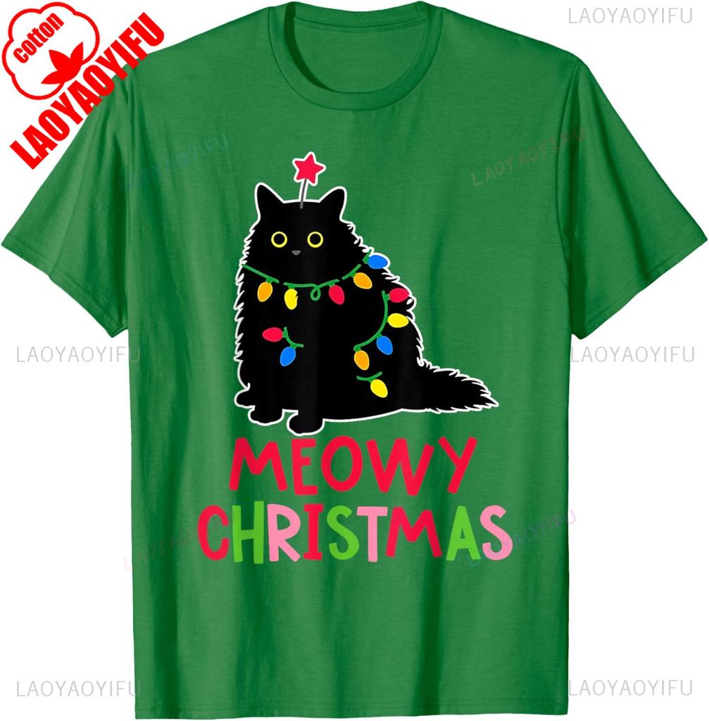 New Style Lovely Kawaii Meowy Christmas Xmas Lights Black Cat Pajamas Family Funny Men Women High Quality Cotton TShirt