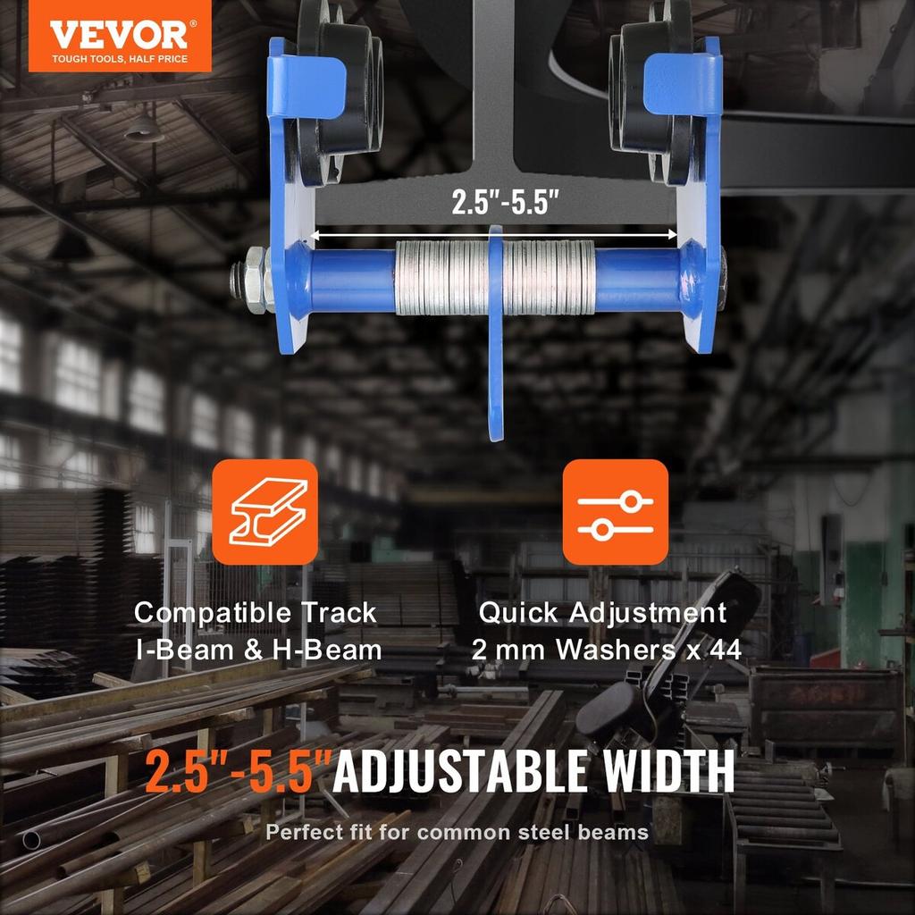 Manual Trolley, 1100 Lbs/0.5 Ton Load Capacity Push Beam Trolley with Dual Wheels, Adjustable for I-Beam Flange Width 63.5-139.7 Mm, Heavy Duty Alloy