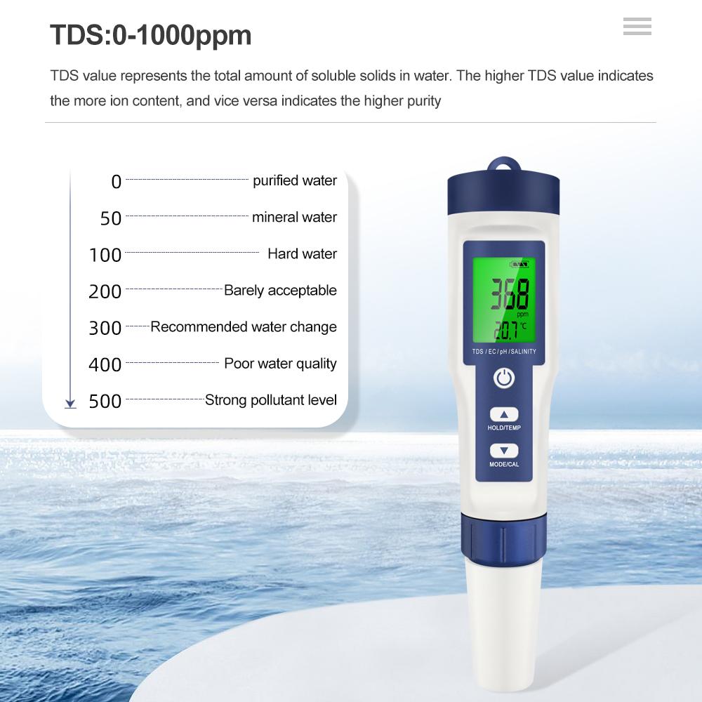 5 In 1 Digital PH TDS EC Meter Salinity Temperature Tester Conductivity Water Filter Purity Pen with Backlight
