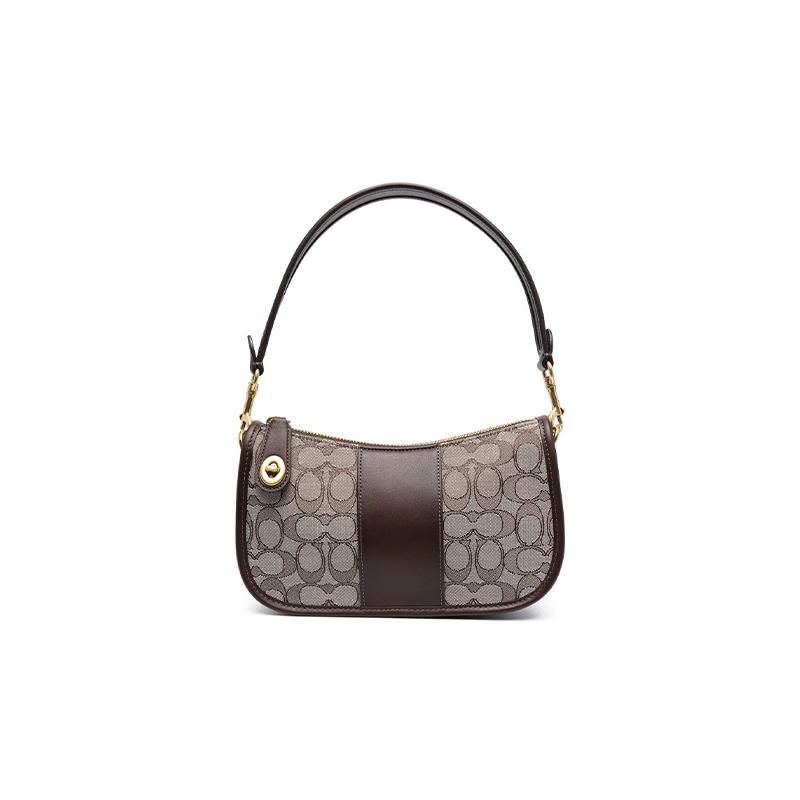 

COACH Swinger 23 monogram zipper closure fabric and calfskin shoulder crossbody handbag women s brown чорний