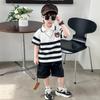 Turn Down Collars Boys Summer Outfits Striped Short Sleeve Cartoon T Shirt Pockets Shorts Fashion Golf Sport Clothes