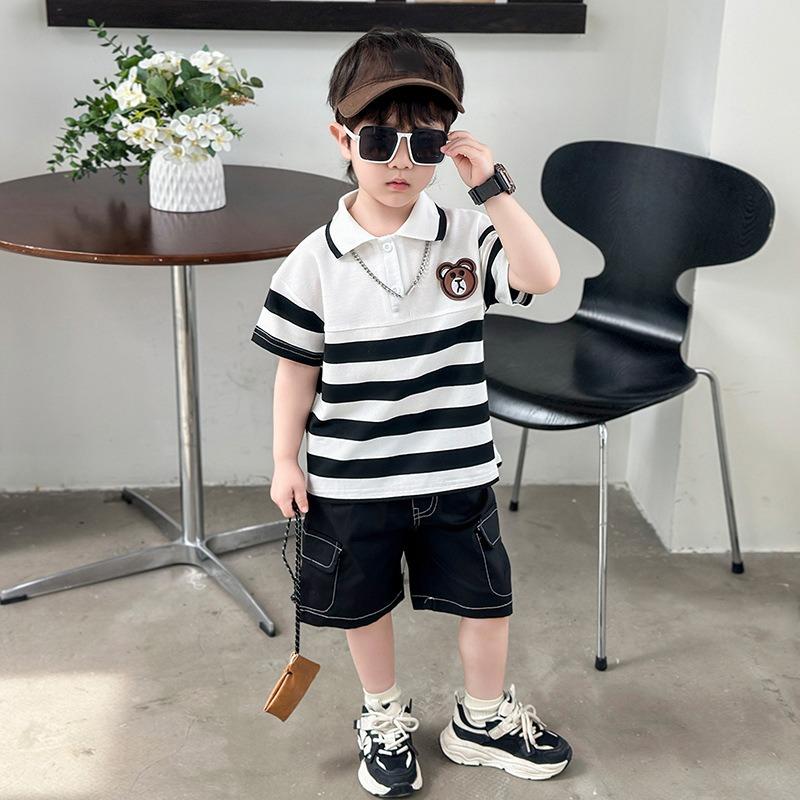 Turn Down Collars Boys Summer Outfits Striped Short Sleeve Cartoon T Shirt Pockets Shorts Fashion Golf Sport Clothes