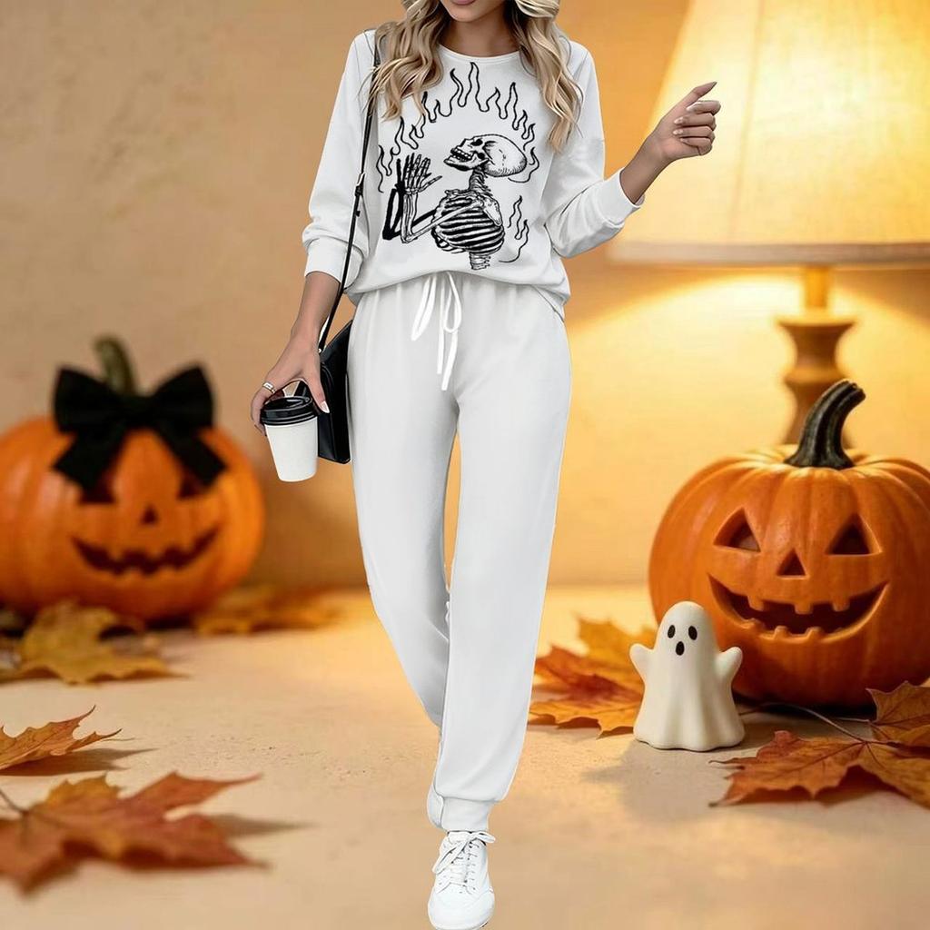 Dámský dvoudílný outfit s halloweenským potiskem, Dlouhý rukáv, Kulatý výstřih, Tepláky s tkaničkou, Ležérní tepláková souprava na jaro a podzim