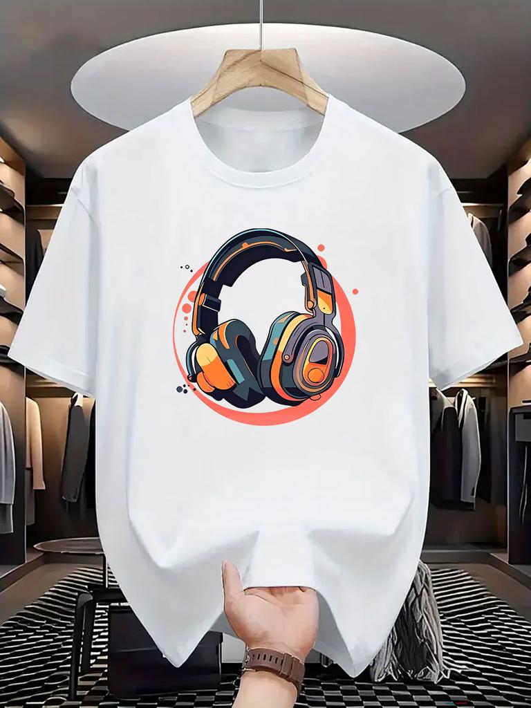Genderneutral wireless earphone pattern printed Tshirt bright purple casual roundneck top suitable for  and all year round