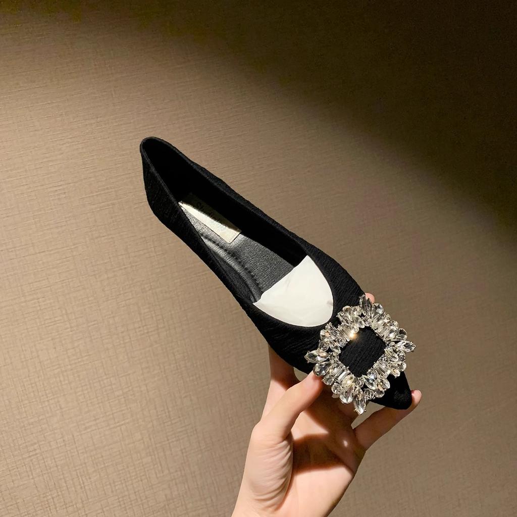 Premium Cowhide Edition~ Flash Diamond Pointed Head Shallow Mouth Fairy Flat Sole Single Shoes Female