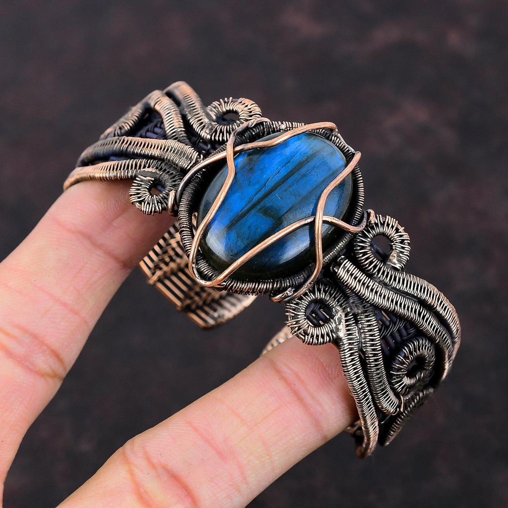 Brățară Manșetă Labradorit Înfășurată cu Sârmă de Cupru Brățară Bangles cu Piatră Prețioasă Manșetă Ajustabilă Bijuterii Delicate din Cupru Brățară Handmade Cadou de Logodnă