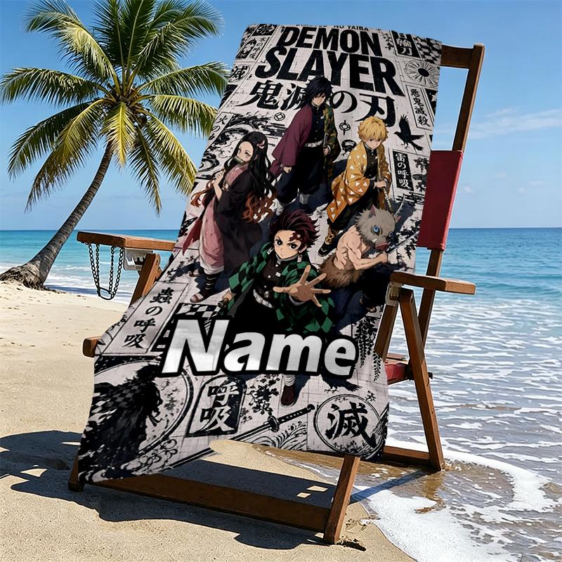 Custom Name Personalized Demon Slayer Print Beach Towel, for Trip Camping Beach Party Home Decor, Birthday Gift for Family & Friends
