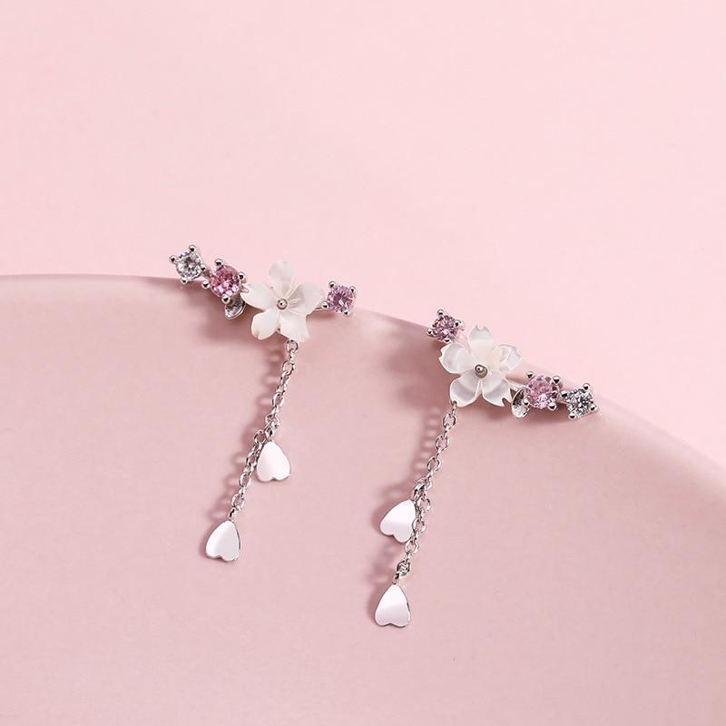 925 Sterling Silver Romantic Pink Cherry Blossom Shell Tassel Earrings for Women Girls Party Drop Earrings Jewelry Gifts S-E1248