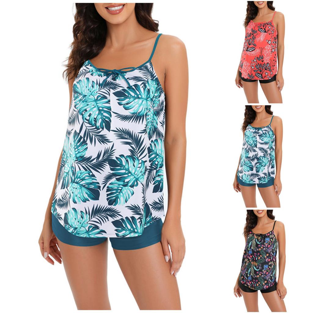 Women's Two Piece Swimsuit Tankini Set with Padded Bra Wireless Support Floral Print Swimwear Top and Bottoms