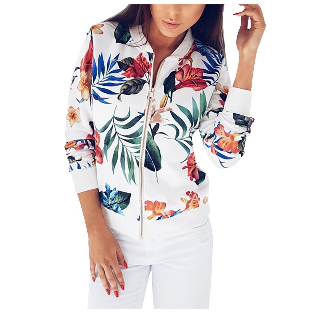 Dámská retro bunda s květinovým potiskem na zip pro běžné nošení kabátu