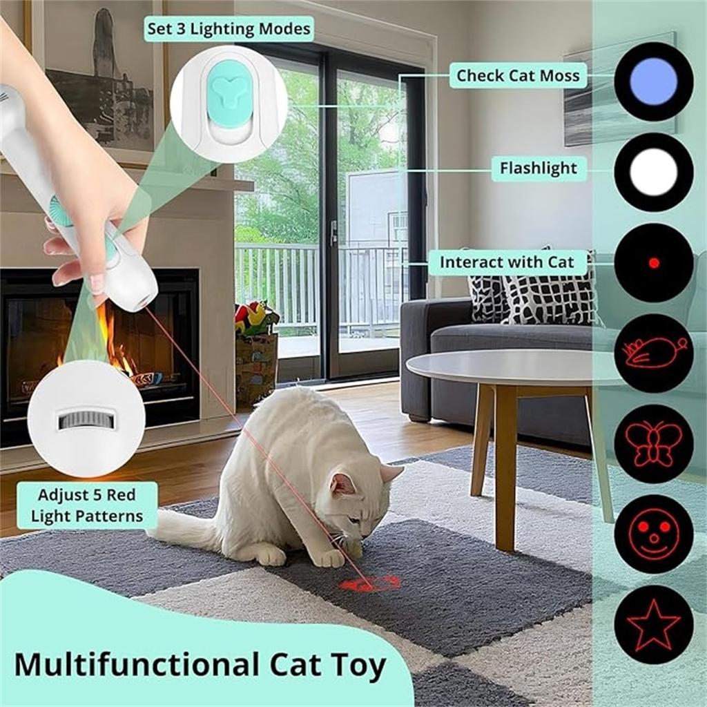2-in-1 Interactive Cats Toy: Rechargeable Multi-Mode UV Light & Retractable Fishing Rod With Replaceable Mouse/Feather – Stimulate Hunting Instincts