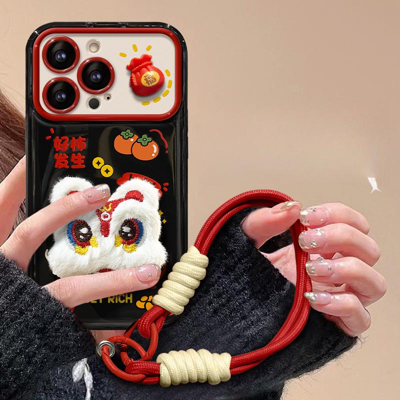 Applicable To Apple 15 Mobile Phone Case IPhone 13/14promax Plush Lion Dance Lanyard 11/12 Flip Mirror Xr